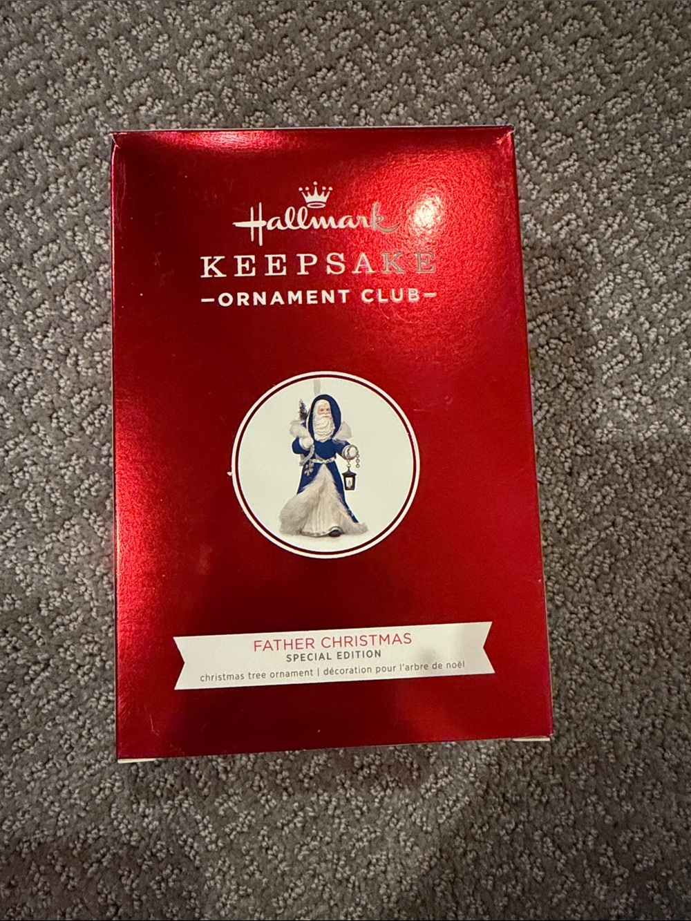 Hallmark Keepsake Ornament Club Shiny Red Gift Box with Navy Accent